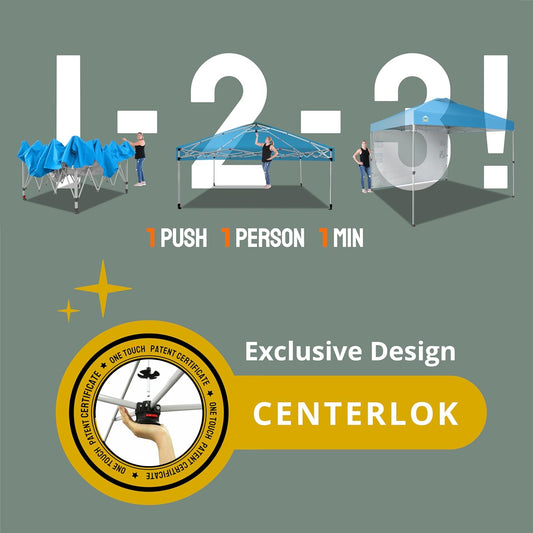 CROWN SHADES 10x10 Pop Up Canopy with 1 Side Wall - Beach Tent with One Push Setup - Outdoor Sun Shade for Events, Parties, Camping - Gazebo with STO-N-Go Cover Bag (Sky Blue)