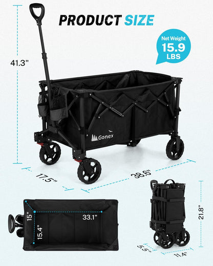 Gonex 38''L Extra Long Collapsible Foldable Wagon Cart with 360lbs Weight Capacity, 220L Folding Utility Garden Cart with Detachable Wheels for Grocery Sports Shopping Camping - Black