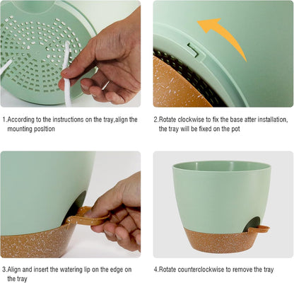 Large Self Watering Pots, 12/10/9 Plastic Planters with High Drainage Holes and Deep Reservoir for Indoor Outdoor Garden Plants and Flowers, Green with Brown