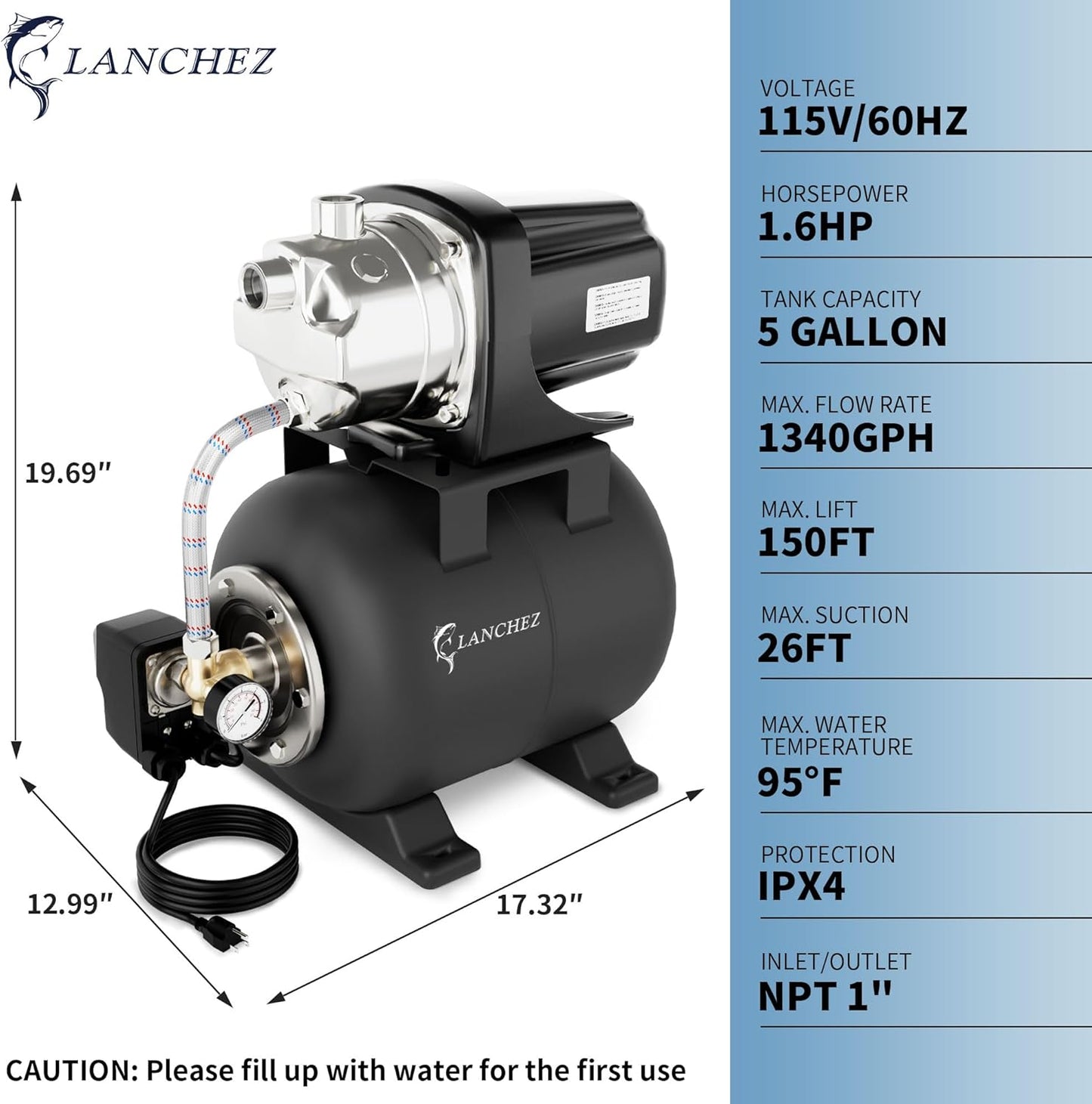 LANCHEZ 1.6HP Shallow Well Pump with Pressure Tank, 115V 1340GPH Automatic Irrigation Water Booster Jet Pump, Stainless Steel Water Transfer Pump for Home Garden Lawn Sprinkler Irrigation, Matte