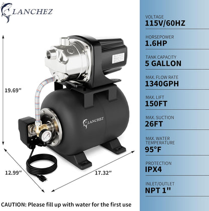 LANCHEZ 1.6HP Shallow Well Pump with Pressure Tank, 115V 1340GPH Automatic Irrigation Water Booster Jet Pump, Stainless Steel Water Transfer Pump for Home Garden Lawn Sprinkler Irrigation, Matte