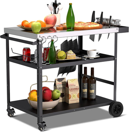 Spurgehom Outdoor Grill Cart, Pizza Oven Stand Table with Wheels Dining Cart for Outside Patio, Movable Kitchen Cooking Prep Table BBQ Cart with Mesh Racks for Home Party, Bar, Camping