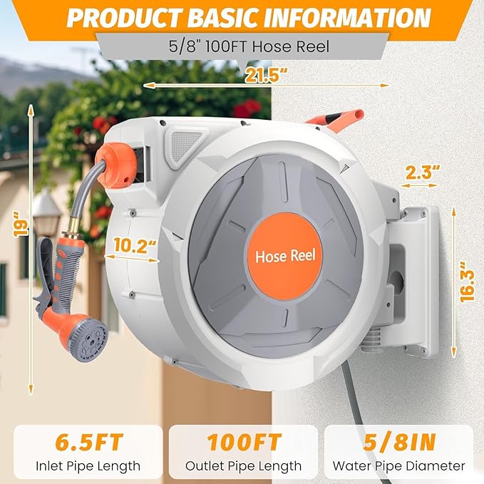 Retractable Garden Hose Reel 5/8 in x 100 Ft, EliteEdge Wall Mounted Garden Hose Reel, with 9 Function Sprayer Nozzle, Any Length Lock, Lock/Automatic Slow Return System, 180° Swivel Bracket