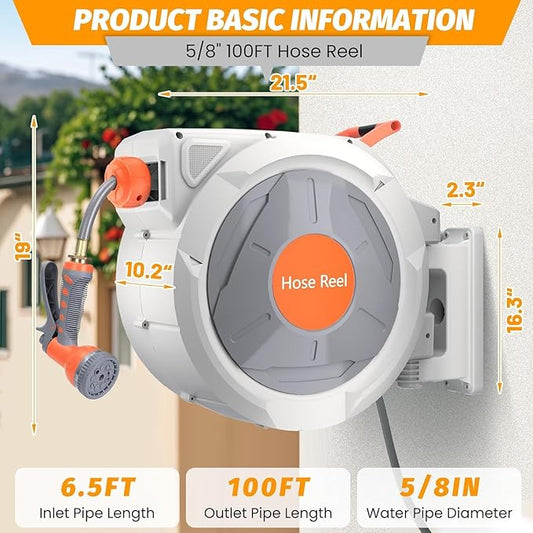 Retractable Garden Hose Reel 5/8 in x 100 Ft, EliteEdge Wall Mounted Garden Hose Reel, with 9 Function Sprayer Nozzle, Any Length Lock, Lock/Automatic Slow Return System, 180° Swivel Bracket