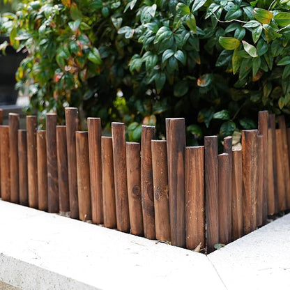 Worth Garden Wooden Staggered Short Fence - 8 in. H. x 3.7 ft. L. Burnt Wood Finish Outdoor Landscape Edging Flexible Decorative Border - Garden Yard Flower Bed Tree Fence - Stakes 4 in. Height