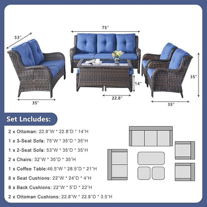 Outdoor Patio Furniture Sofa Set - 7 Piece Rattan Wicker Patio Sectional Conversation Sets with 1 Sofa,1 Loveseat,1 Coffee Table,2 Armrest Chairs and 2 Ottomans for Porch Deck Garden(Brown/Blue)