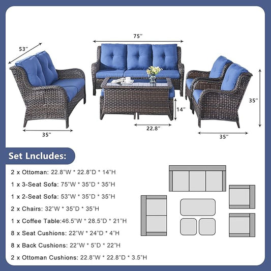 Outdoor Patio Furniture Sofa Set - 7 Piece Rattan Wicker Patio Sectional Conversation Sets with 1 Sofa,1 Loveseat,1 Coffee Table,2 Armrest Chairs and 2 Ottomans for Porch Deck Garden(Brown/Blue)