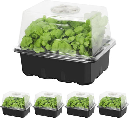 MIXC Seed Starter Kit with Grow Light, Elevated Seedling Tray Kit with Adjustable Humidity Dome and Clear Cell Tray, 12 Full Spectrum Led Beads for Seed Starting Greenhouse, 4 Pack, Black