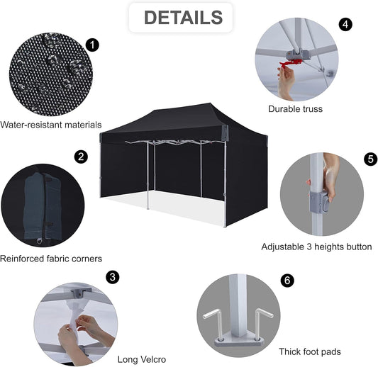 10x20 pop up Canopy, Eazy up Outdoor Patio Canopy Tent with sidewalls, Heavy Duty Commercial Instant Tent with Sand Bags for Deck, Party, Camping, Backyard, Playground, Black