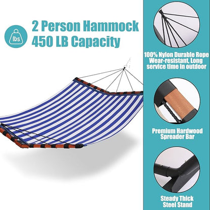 TegerDeger 12FT 2 Person Hammock Large Hammock Quick Dry 450LB Capacity with V Shaped Hardwood Spreader Bar & Nylon Rope for Outside, Patio, Garden, Backyard, Beach, Poolside - Blue Stripes
