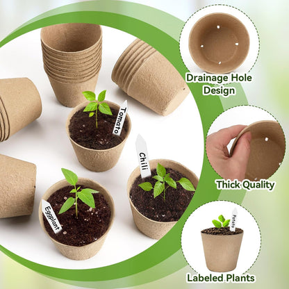 Augshy 3.15 Inch Peat Pots, 80 Pack Seed Starter Nursery Pots Round Plant Seedling with Drainage Holes for Garden Nursery Kits Seedlings Seed Starting Tray with 80 Plant Labels