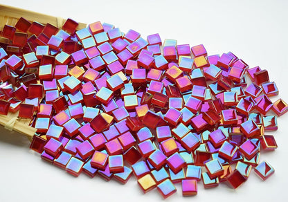 0.66lbs Ruby Red Iridescent Mosaic Tiles, 3/8" Square Glass Pieces With Smooth Edges, Ideal for Making Supplies, Small Colored Glass Tiles for DIY Coaster Projects