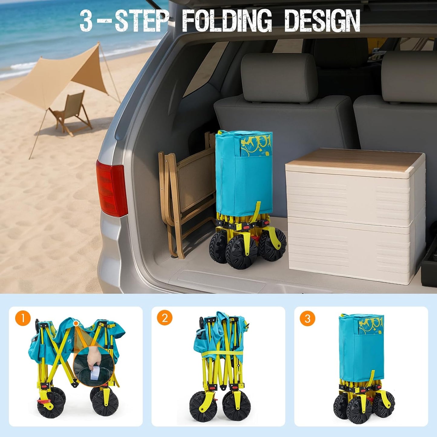 49" L Extra Long Beach Wagon with Tailgate,Big Wheels with Brake for Sand, Collapsible Utility Beach Cart Heavy Duty Folding Wagon,Ideal for Outdoor Sand Camping Garden Pet