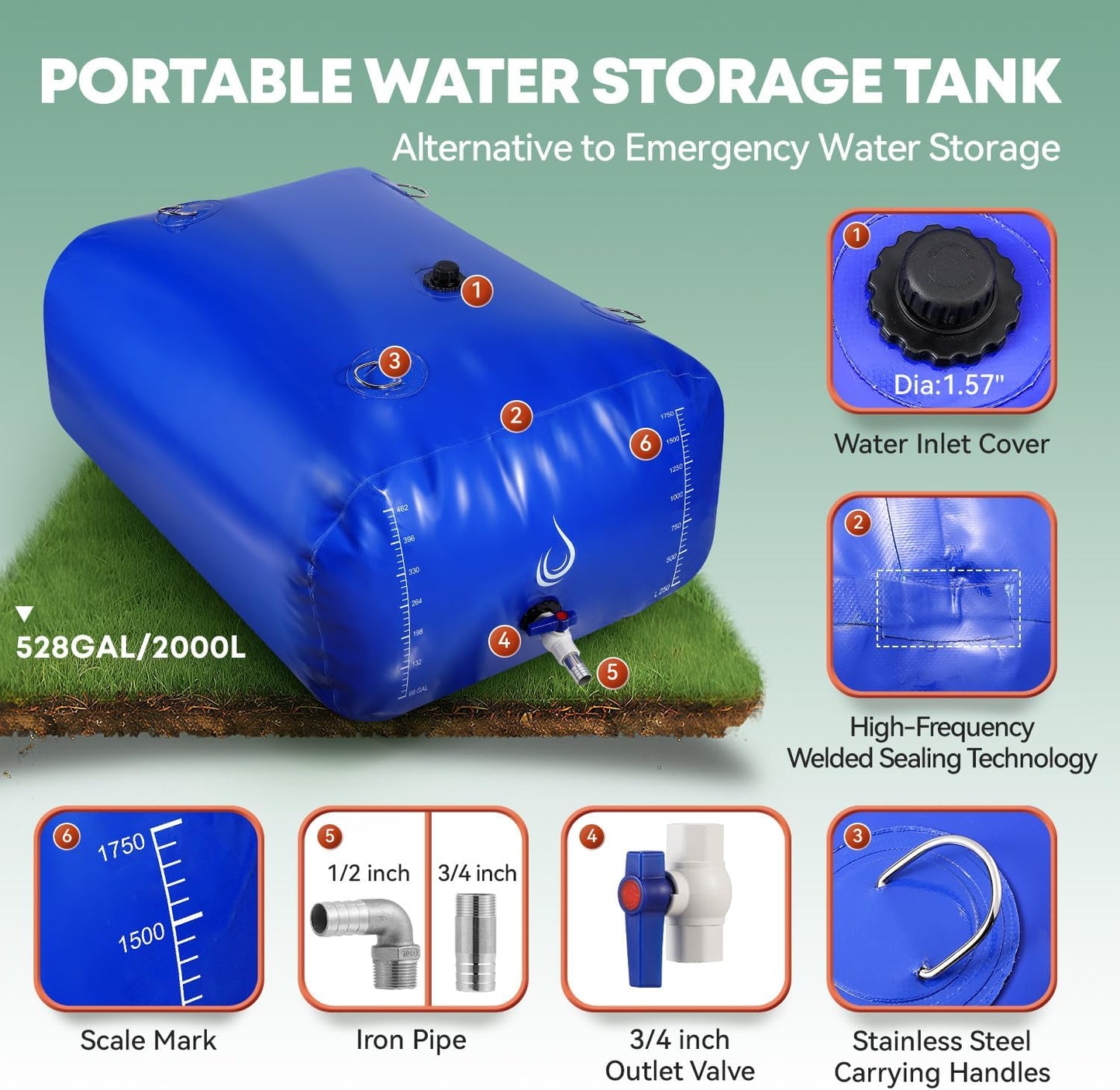 LANUEVA 528 Gal/2000L Portable Water Storage Bladder, 1000D PVC Foldable Water Tank with Spigots and Overflow Kit, Water Storage Containers for Emergency Water, RV, Irrigation&Camping (Blue, 2000L)