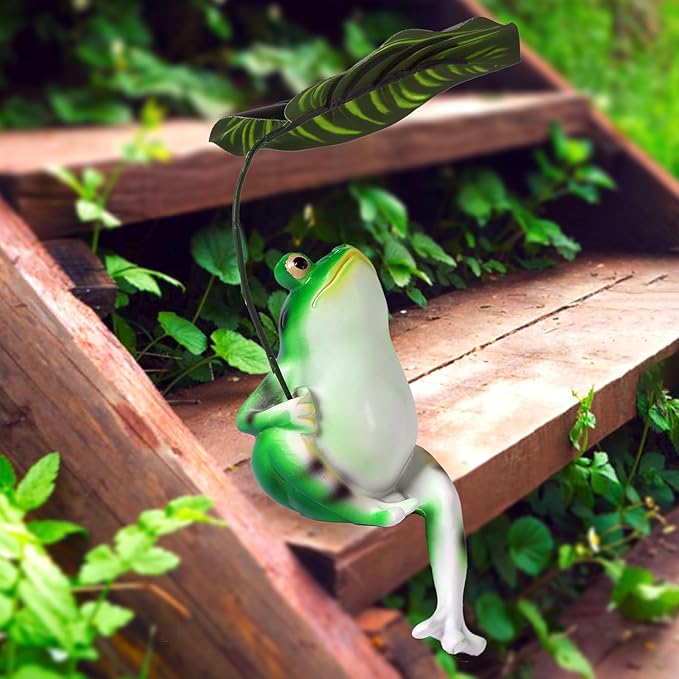 Frog Statue for Garden Outdoor Resin Frog with Leaf Umbrella Patio Lawn Porch Yard Indoor Home Decoration, Birthday Holiday Decor for Women Mom Grandma Garden Lovers