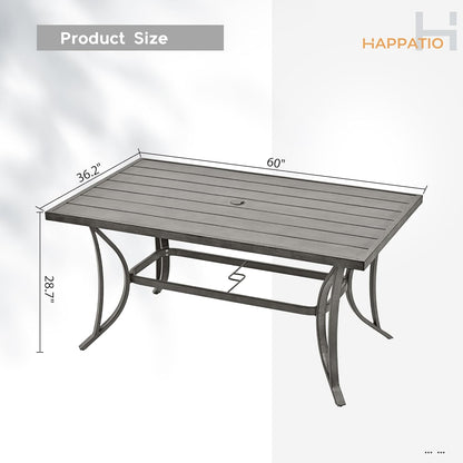 HAPPATIO Patio Dining Table for 6, Large Rectangle 60"×36.2", Patio Aluminum Slat Dining Table with 2.2" Umbrella Hole, All Weather Outdoor Table for Lawn, Garden and Poolside