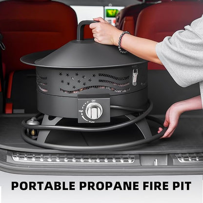 Portable Propane Fire Pit, 20 Inch Smokeless Gas Fire Pit Bowl for Outside, 60,000 BTU Outdoor Firepit with Grill Grate & Lid for Camping, Patio, Yard, Garden