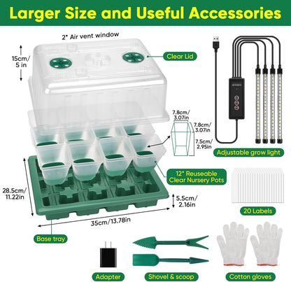 BlumWay Seed Starter Tray with Grow Light,24 Pack 2.9 inch Reuseable Clear Nursery Pots with Silicone Base/Humidity Dome for Deep-Rooted Seedlings,Adjustable Timed Light Plant Starter Set
