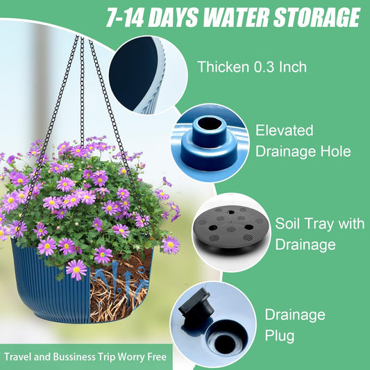 Hanging Planters 9/10/11 Inch for Indoor Plants, 3 Pack Plant Hanger Outdoor with Drainage Holes, Self Watering Hanging Basket Flower Pot for Garden Home Decor, Dark Blue