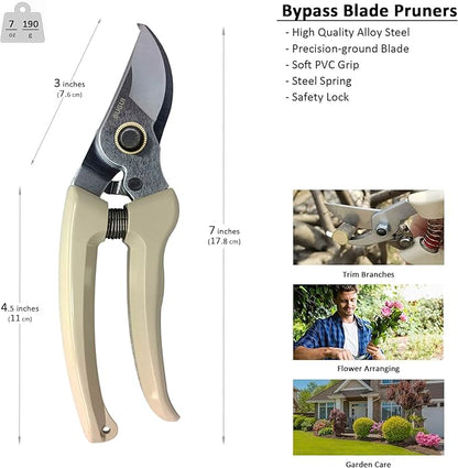 7" Small Pruning Shears Garden Shears - Premium Alloy Steel Bypass Pruner, Precision-ground Blades, Heavy Duty Gardening Tools, Ivory