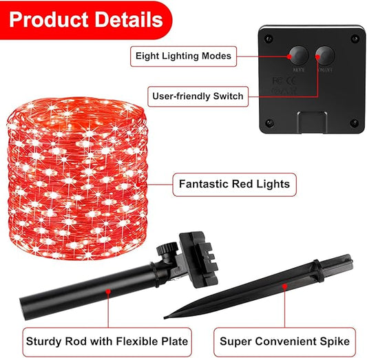 Brightever Outdoor Solar String Lights Waterproof, 2-Pack Total 80FT 200LED Solar Fairy Lights for Outside with 8 Lighting Modes, Solar Twinkle Lights for Yard, Christmas, Party (Red)