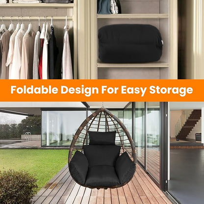 Egg Chair Cushion, Hanging Basket Hammock Seat Cushion, Thick Soft Egg Swing Chair Pad with Headrest for Patio Porch Furniture Outdoor (Black, 39.37x45.28x4.72in)