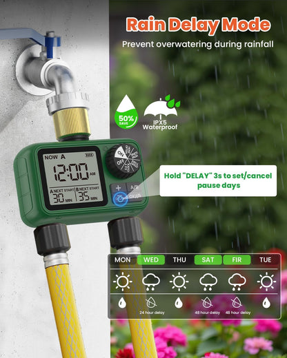 2 Outlet Sprinkler Timer Brass, XinFuture Programmable Water Sprinkler Controller for Yard, Lawn & Greenhouse, Automatic/Manual/Rain Delay Mode, Compatible with Drip Irrigation Systems