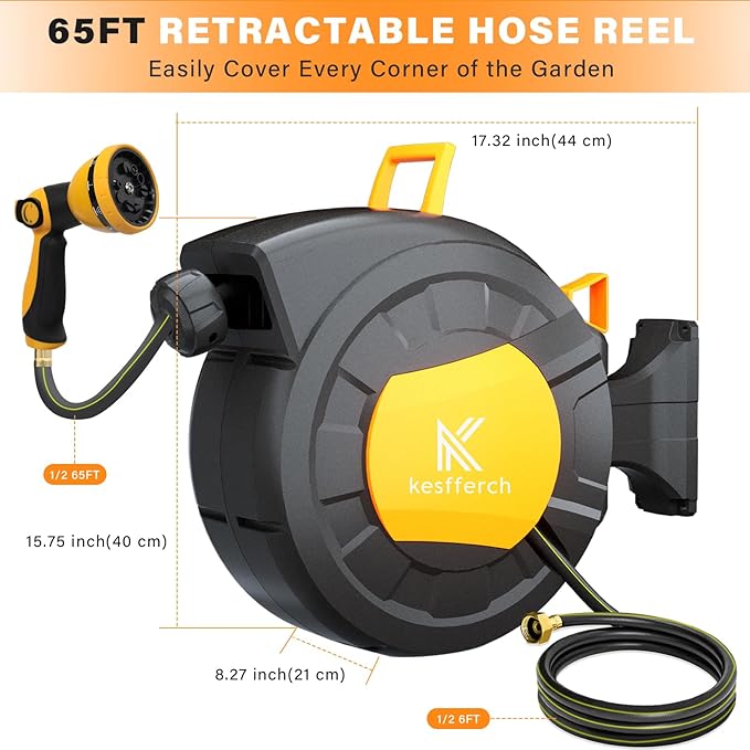 Retractable Garden Hose Reel, 1/2 Inch x 65 FT + 6 FT Compact Water Hose Reel Wall Mounted Garden Hose Reel with 10 Pattern Nozzles, Any Length Lock, Slow Rewind Storage, 180°Swivel Bracket