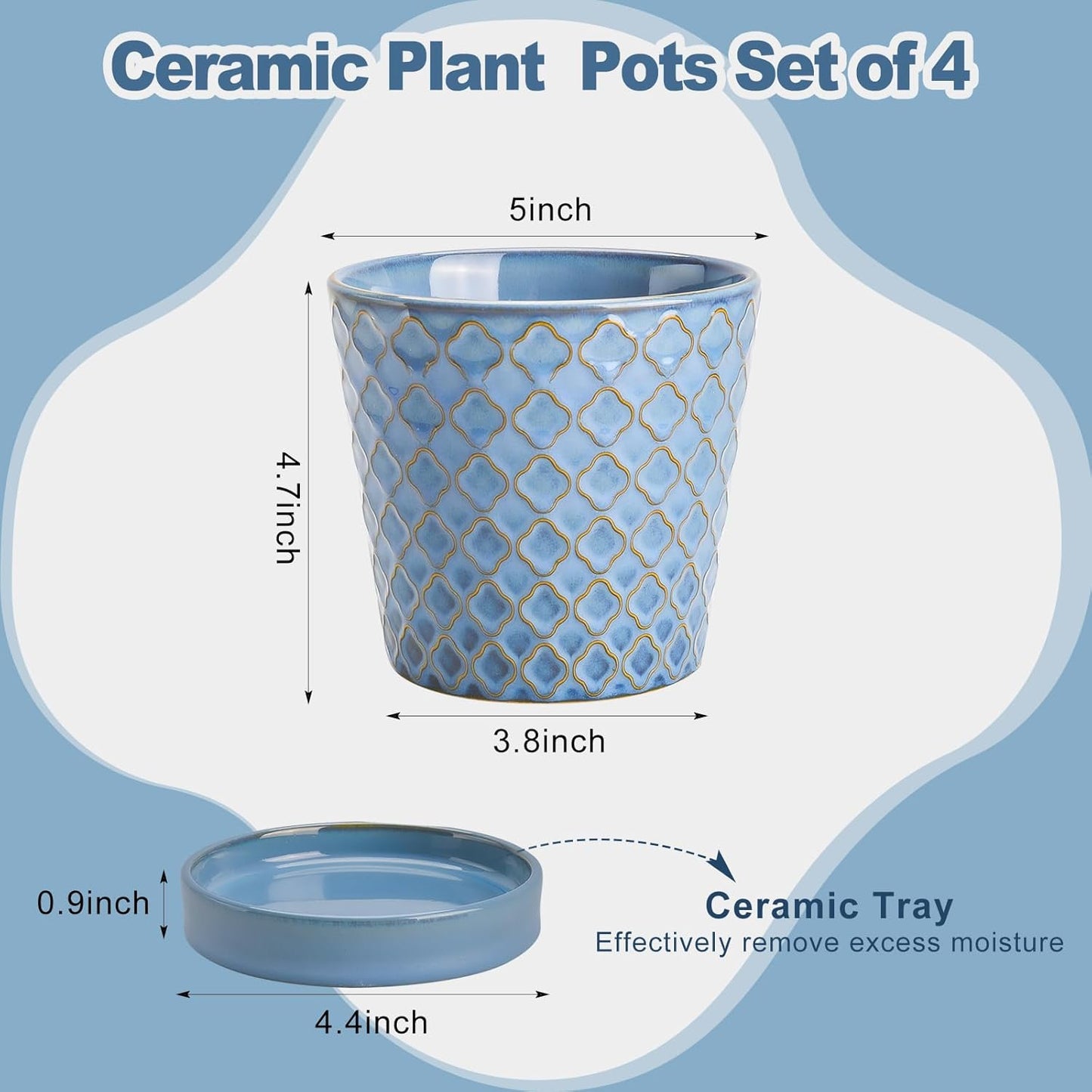 Plant Pots, 5 Inch Pots for Indoor Plants, Planters with Drainage Hole and Saucer, Ceramic Flower Pots Desktop Office Windowsill Decoration Gift Set of 4 - Sky Blue