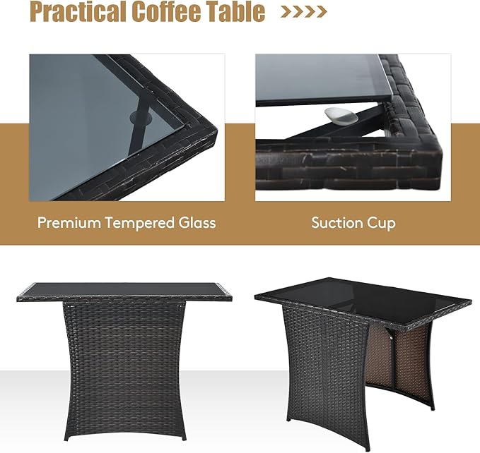 Tangkula 3 Pieces Patio Dining Set, Space-Saving PE Rattan Bistro Set with Tempered Glass Top Table and Cushioned Chairs, Outdoor Conversation Set for Garden Backyard Poolside Porch (Turquoise)