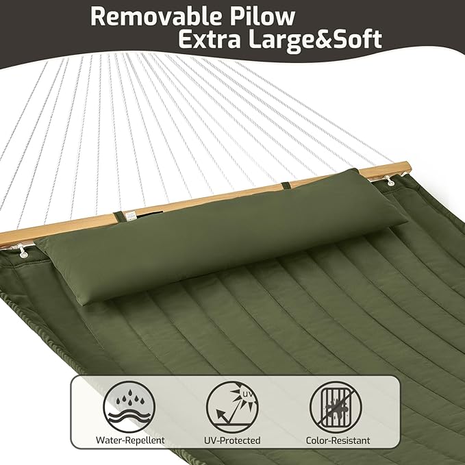 Double Quilted Fabric Hammock with Hardwood Spreader Bars and Pillow 450 LBS Capacity 2 Person Large Hammock for Outdoor Patio Backyard Poolside - Green