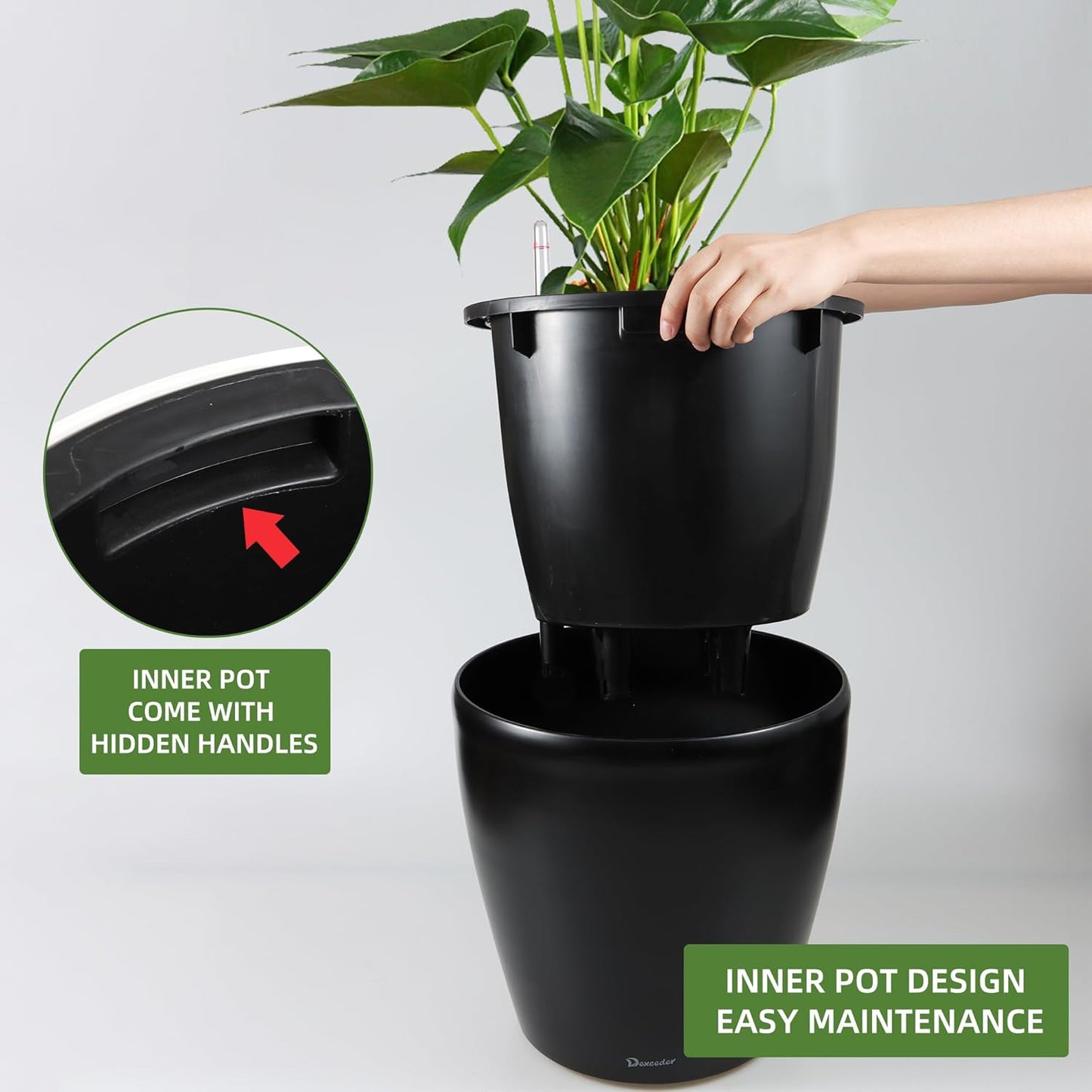 Dexceder 13x12 Self Watering Planter with Wheels Indoor Outdoor, Inner Pot Design, Thickened Large Floor Standing Flower Plant Pot with Water Level Indicator (Black Matte)