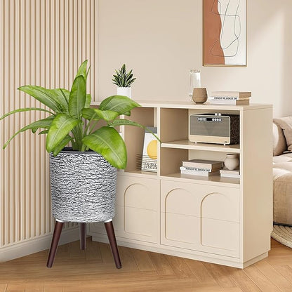 12 Inches Plant Pots with Stand Mid Century Flower Pots with Wood Legs Large Mode Cylinder Planter with Drainage Holes for Indoor Plants,Garden,Decorative-Grey