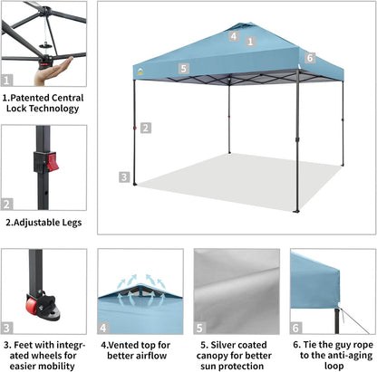 CROWN SHADES 10x10 Pop Up Canopy Tent - Patented Center Lock One Push Instant Outdoor Canopy Beach Tent with STO-N-Go Bag 8 Stakes & 4 Sand Bags，Cyan Blue