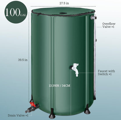 100 Gallon Collapsible Rain Barrel, SKM Portable Rain Water Collection Barrel for Garden/Outside/Lawn, PVC Rainwater Collection System Water Tank Storage Container with Spigots & Overflow Kit, Green