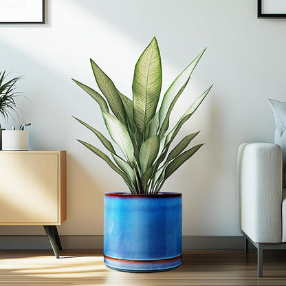 EFISPSS 10 Inch Plant Pot, Ceramic Large Planter for Outdoor Plants, Plant Pots with Drainage Hole and Saucers, Modern Flower Pot for Home Garden Patio Office - Blue