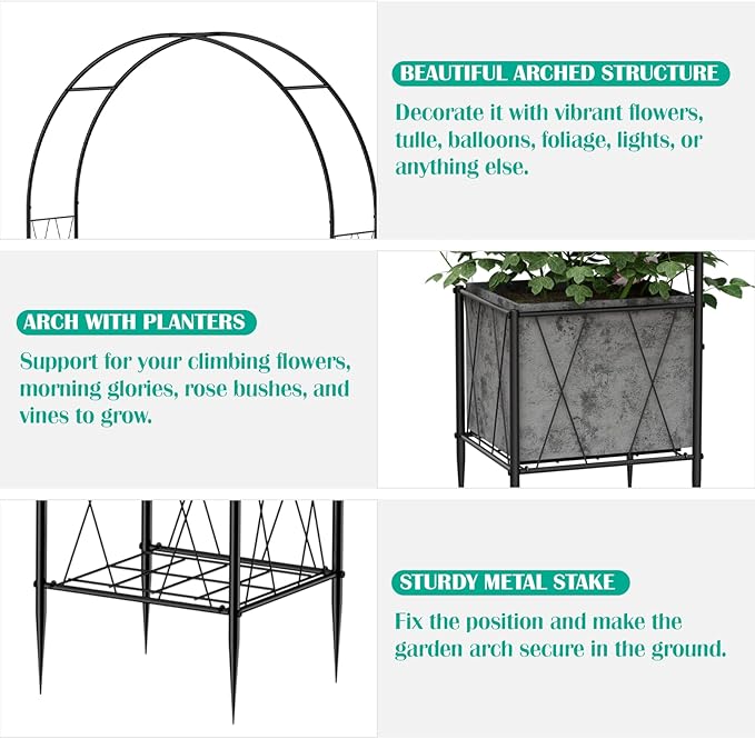 Garden Arch Arbor Trellis with Planter Boxes 8.2 Ft Metal Arch Trellis for Climbing Plants Outdoor, Wedding Arches Backdrop Stand for Ceremony, Halloween, Christmas, Decorations Pergola, Black