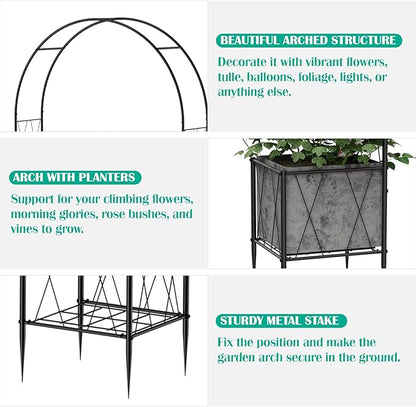 Garden Arch Arbor Trellis with Planter Boxes 8.2 Ft Metal Arch Trellis for Climbing Plants Outdoor, Wedding Arches Backdrop Stand for Ceremony, Halloween, Christmas, Decorations Pergola, Black