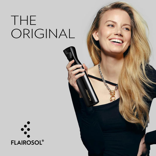 FLAIROSOL Spray Bottle for Hair, Continuous Spray Bottle with 0.3MM Ultra Fine Mist, Water Mister for Hairstyling, Cleaning, Plants, Pets, 10.1oz/300ml, Black Bottle, Gold Print