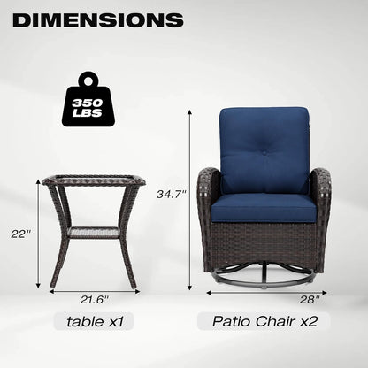 Joyside Outdoor Swivel Rocker Chairs, 3 Piece Wicker Patio Set with Thick Cushion and Side Table, Rattan Patio Swivel Rocking Chairs for Porch, Deck Use (Brown/Blue, 3 PCS)