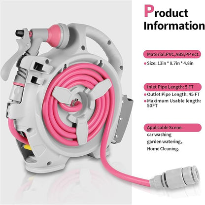 Garden Retractable Hose Reel, Portable Simple Home Hose Reel 45+5 FT with 7 Patterns Spray Nozzle, Wall Mounted and Any Length Lock for Garden Watering, Car Washing, Pet (Red Rose)