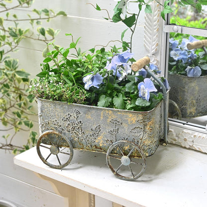 Flower Cart with Wooden Handles, Metal Wagon Planters for Outdoor Plants, Garden Planter with Wagon Wheels, Decorative Wheelbarrow, Plant Cart for Patio Garden Balcony (Blue)