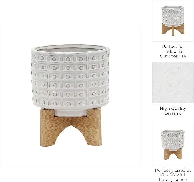 Sagebrook Home Ceramic Planter with Stand - Textured Stoneware Pot with Bamboo Wood Base - Modern Indoor & Outdoor Plant Holder - 8" Ivory