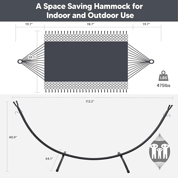 SUNCREAT Portable Outdoor Hammock with Stand Included, Double Hammock with Tassel for Outside, Dark Gray
