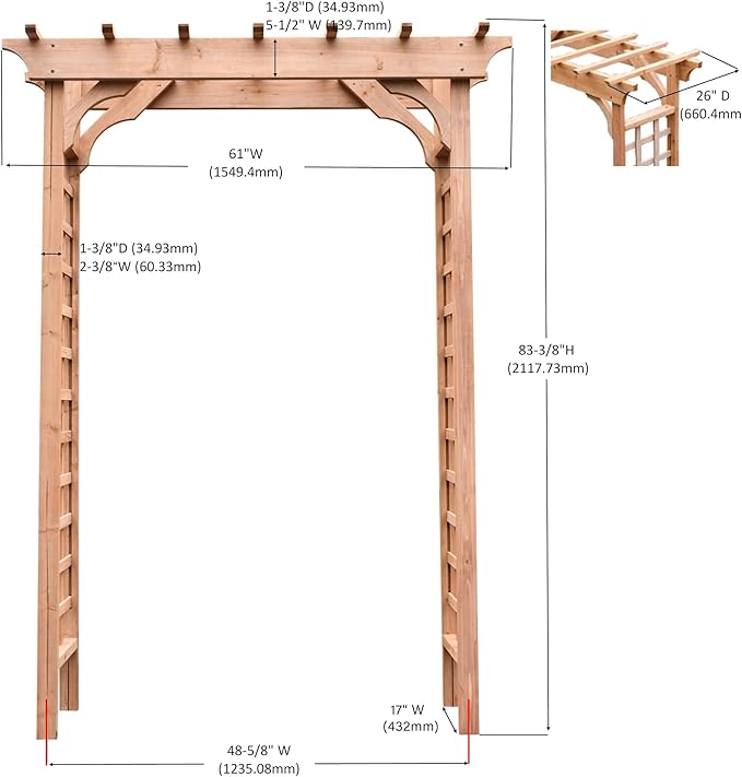 Solid Fir Wooden Garden Arch Premium Outdoor Trellis for Climbing Plants, 83.37”H×61”W×26’’D, Also can be Used for Wedding and Party Decoration