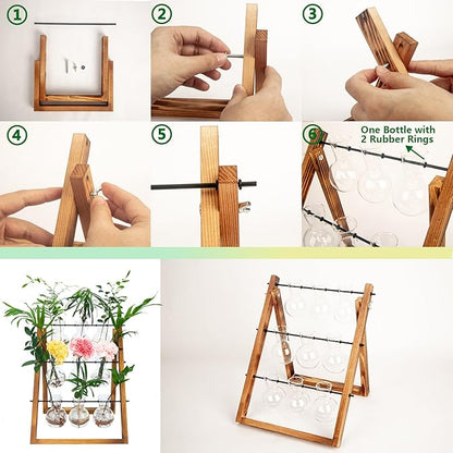 Plant Propagation Station Traveler's Glass Tabletop Planter with Vintage Wooden Stand 3 Bulb Vase for Hydroponic Plants Indoor Office Desktop Home Decor, Plant Stand (9 Bulbs)