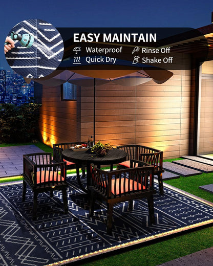 Outdoor Rug Carpet Waterproof 8x10 ft with LED Strip Lights-Patio Rug Mat Indoor Outdoor Rug for RV Camping Picnic Reversible Lightweight Plastic Straw Outside Rug for Patio Decor Decoration Boho Rug