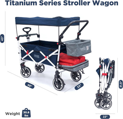 Creative Outdoor Wagon for Kids Push Pull Collapsible Stroller with Canopy Folding Cart | Titanium Series Plus | Beach, Park, Garden (Solid Navy Blue)