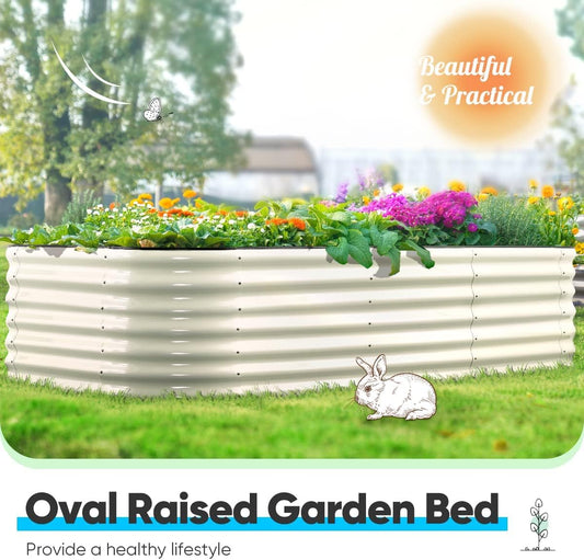 Quictent Galvanized Tall Raised Garden Bed Kit, 8x4x2 ft Oval Large Planting Box Rubber Strip Edging, for Vegetables Outdoor Strengthened by Crossbar (Beige)