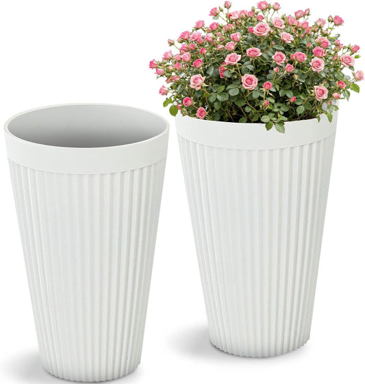 20" Resin Tall Planters for Outdoor Plants,Set of 2 Matt White Large Flower Pots with Handmade Fluted Texture,Heavy-Duty and Weather-Resistant for Year Round Indoor Outdoor use